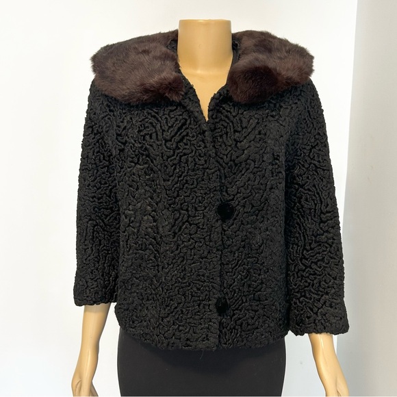 VINTAGE Black Persian Lambswool‎ Brown Mink Collared Coat Size Medium - Picture 1 of 6